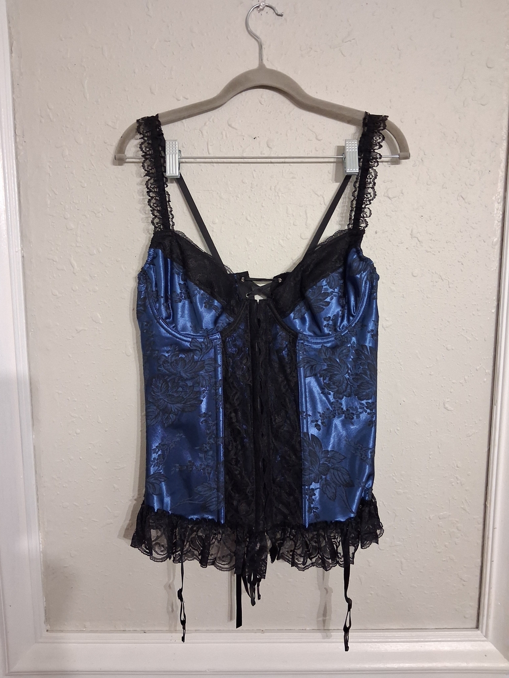 Vintage Shirley of hollywood royal blue black lace up corset overbust bra 36 y2k